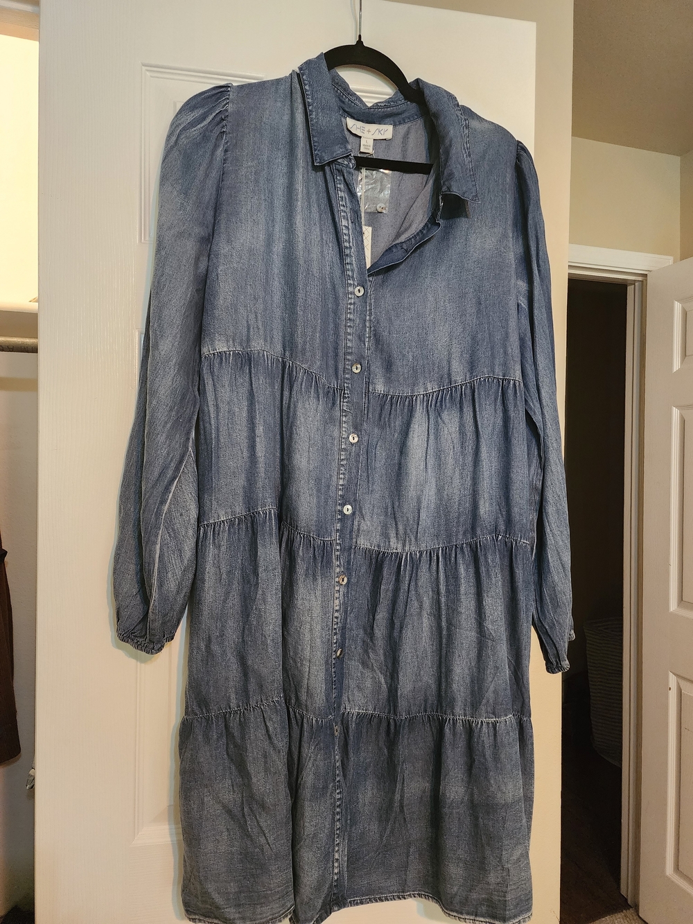 She + Sky Blue Denim Shirt Dress with Tiered Panels